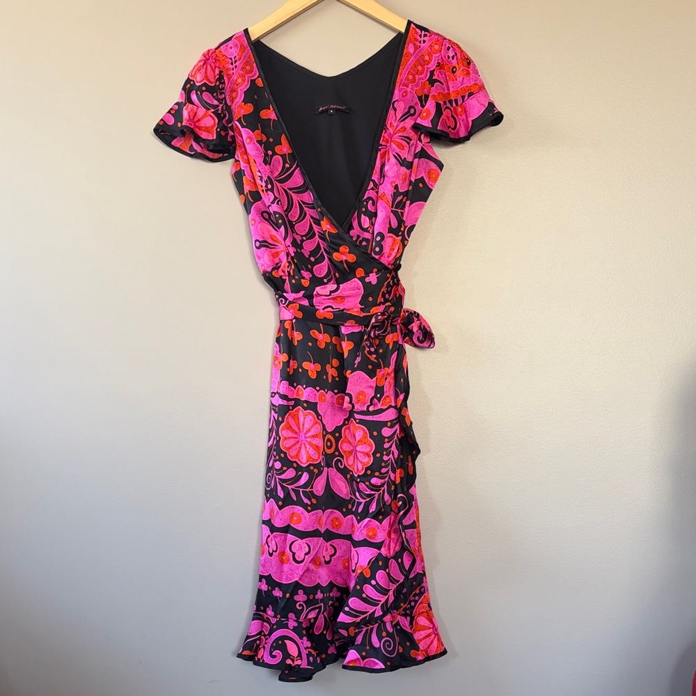 Vintage Betsey Johnson Silk Wrap Dress Size 6 Colorful‎ Pink Black Orange Floral